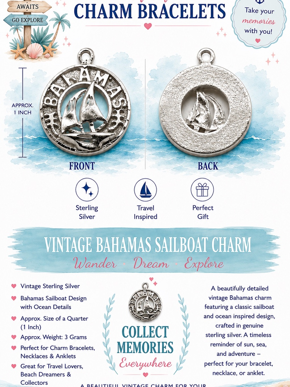 Vintage Bahamas Sailboat Charm - Sterling Silver